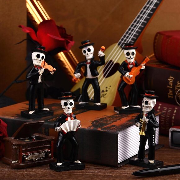 5 Pcs Mariachi Band Skull Folk Musician Players Skeletons Halloween Figurines - Picture 2 of 7